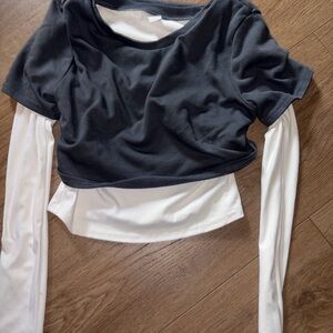 Black Layered-Look Long Sleeve Top with White Underlayer
